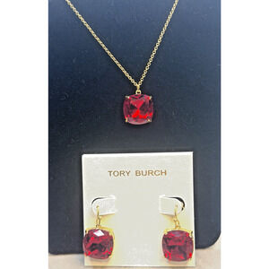 Tory Burch Red Crystal Earrings Necklace Set Gold Tone NWT Gift Ready w Bag❤️